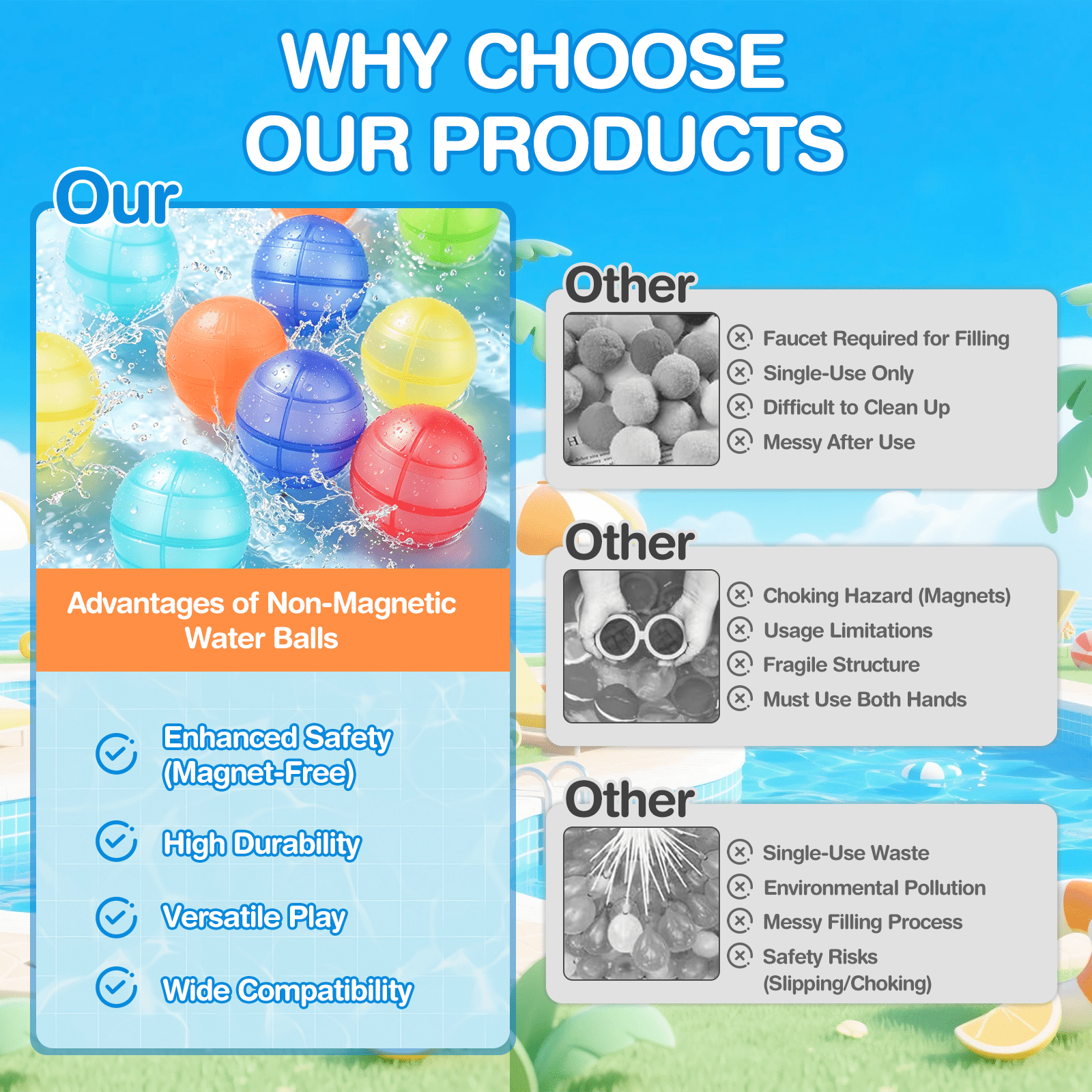 16 Count Reusable Water Balloons, Easy Fill Self Sealing Silicone Water Bombs, Soft Summer Water Toys for Family Backyard Party, Bulk Reusable Water Balloon Set