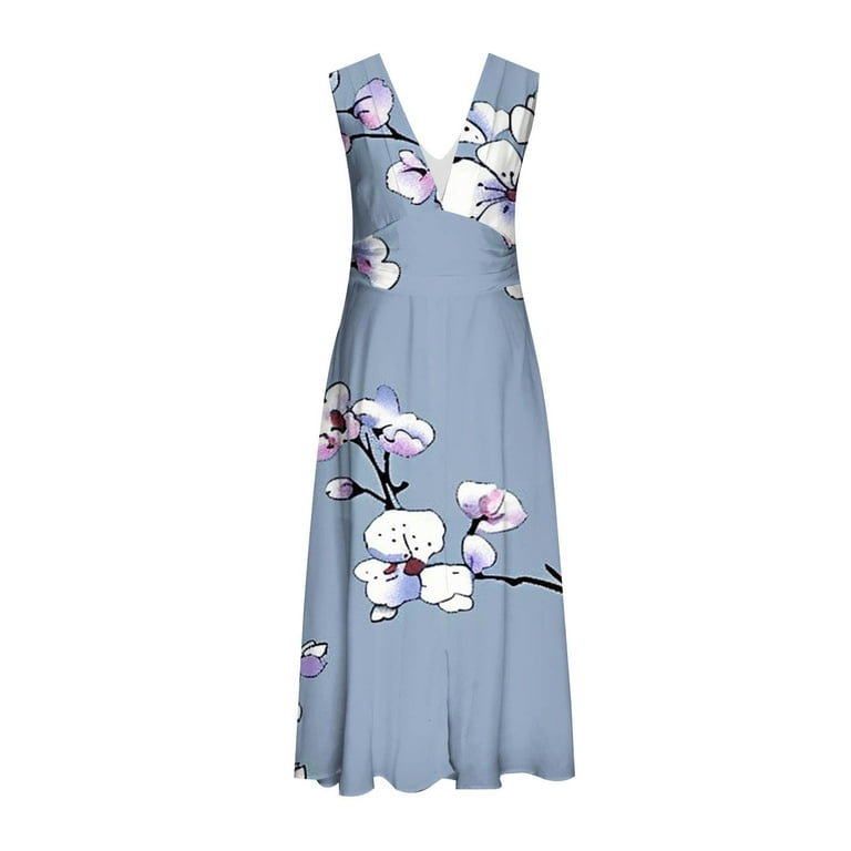 Viikei Summer Dresses for Juniors,Women's Spring/Summer Sleeveless Color V-Neck Wrapped Chest Dress Long Dress Blue XXXL