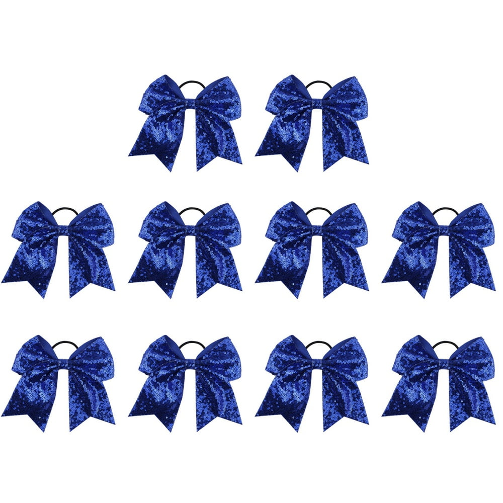 Metallic Sequin 8" Cheer Bow Cheerleading Bow Hair Tie 10 Pack (Blue