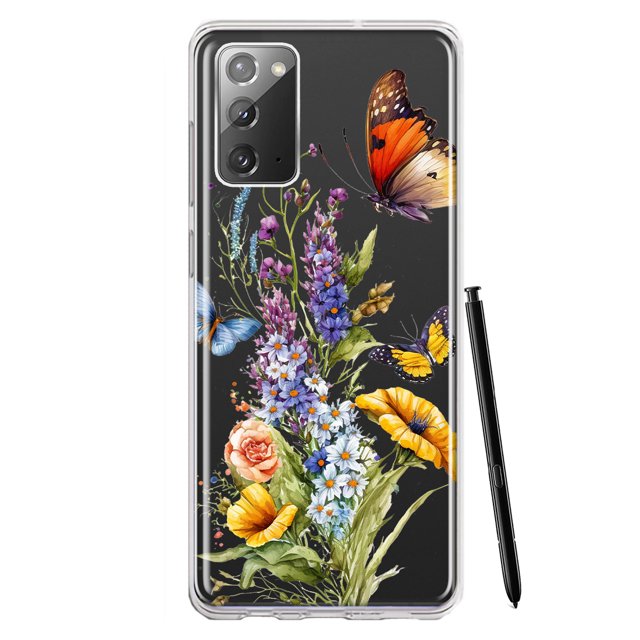 MUNDAZE Samsung Galaxy Note 20 Yellow Purple Spring Flowers Butterflies Floral Shockproof Clear Hybrid Protective Phone Case Cover