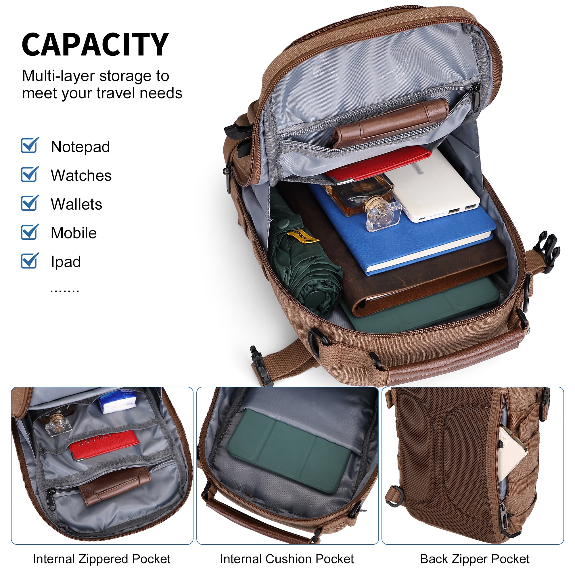 WITZMAN Sling Bag for Men Canvas Casual Chest Bag with USB Charging Port for Travel Daily Work(A8021 Brown)