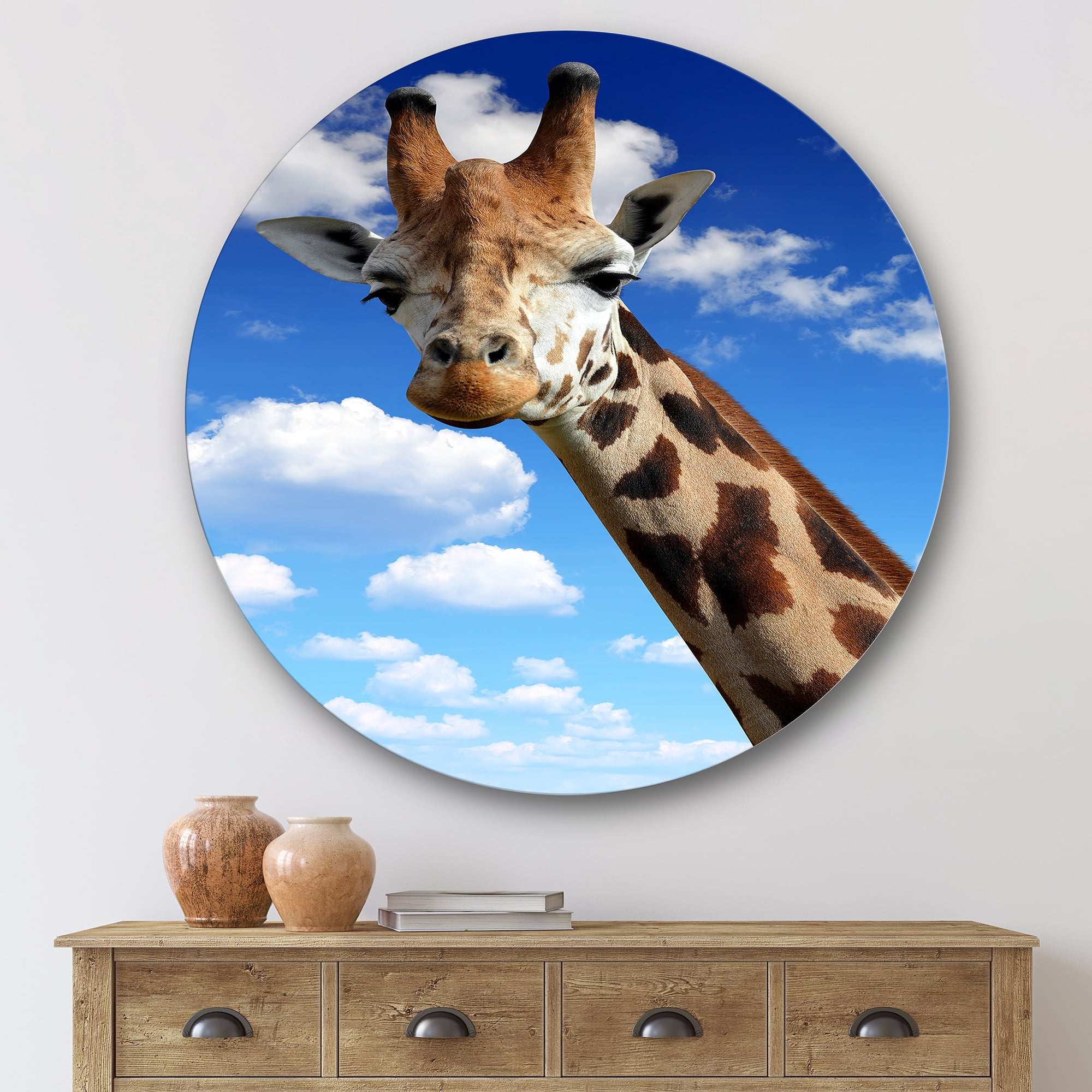 Designart 'A Giraffe On A Blue Sky Portrait' Farmhouse Circle Metal Wall Art 36x36 - Disc of 36