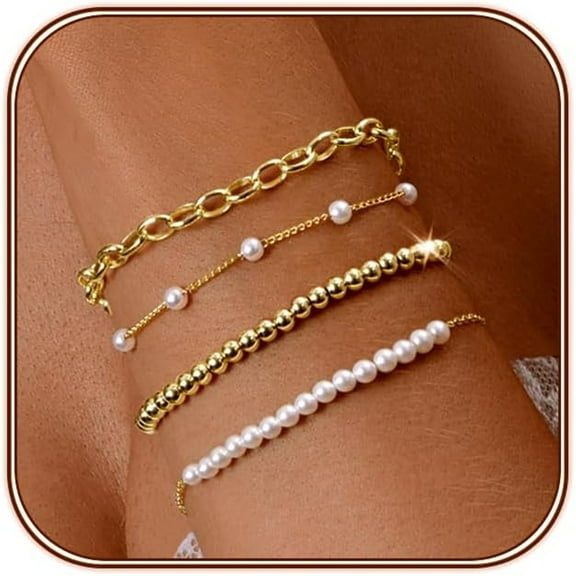 ZYHH Gold Pearl Beaded Bracelet Set | 14K Gold Plated Paperclip Link Chain | 4 Pcs Trendy Stackable Bracelets for Women