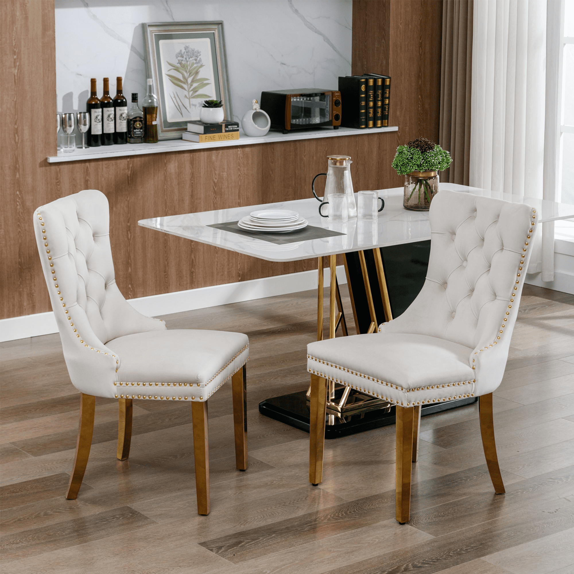 LegaHome Dining Chairs Set of 2, Modern Upholstered Velvet Dining Room Chairs with Nailhead Trim and Golden Stainless Steel Plating Solid Wood Legs, Tufted Button Padded Chairs Set for Kitchen, Beige