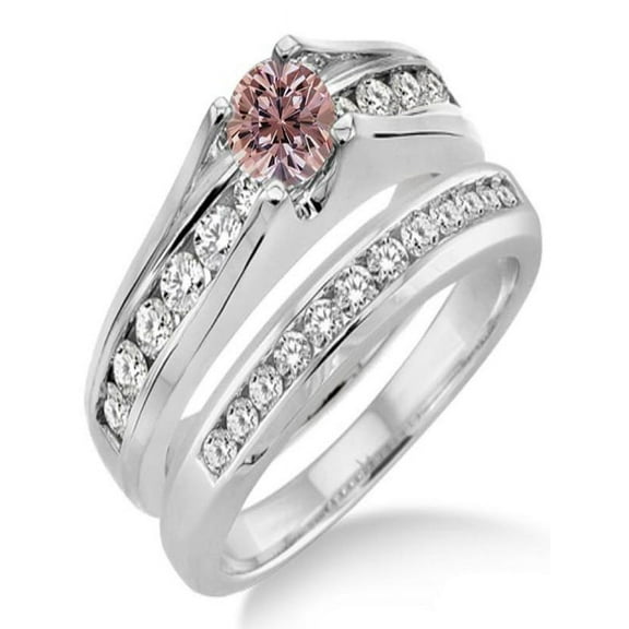 1.25 Carat Morganite And Diamond Moissanite Bridal Set On 10K White Gold
