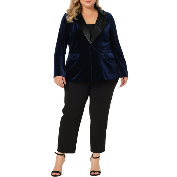 Velvet Blazer for Women Plus Size Vintage Evening Sparkle Button Contrast  Notched Lapel Suit Blazers Navy Blue 4X 