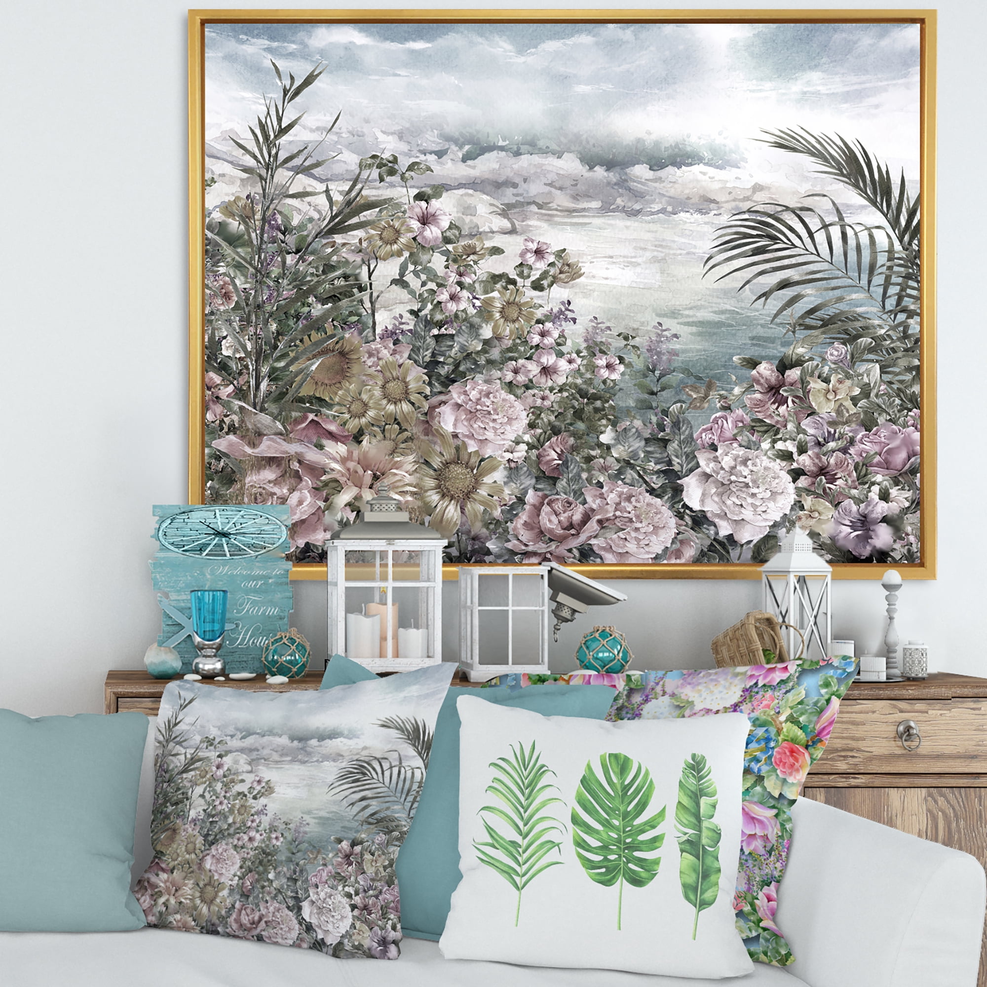 Designart 'Abstract Retro Flowers By The Sea Side' Vintage Framed Canvas Wall Art Print
