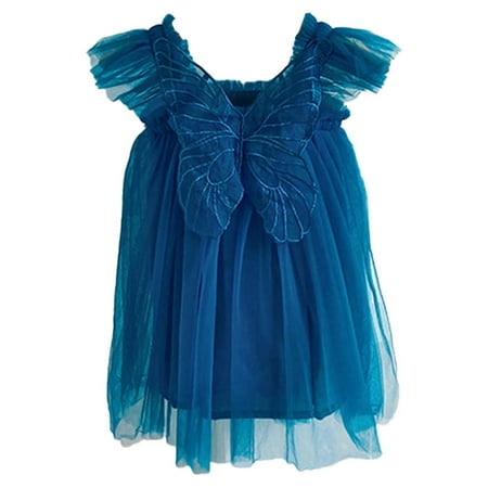 

Summer Dress Girls Short Sleeve Party Tutu Dresses Solid Print Blue 140