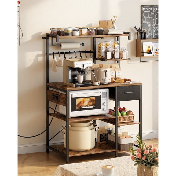 KFFKFF Kitchen Bakers Rack with Power Outlet, 4.6ft Power Cord, 32" Wide with Sturdy X-Shaped Support, 8 Hooks, Multi-Purpose Stand for Dishes, Spices, and Coffee Accessories