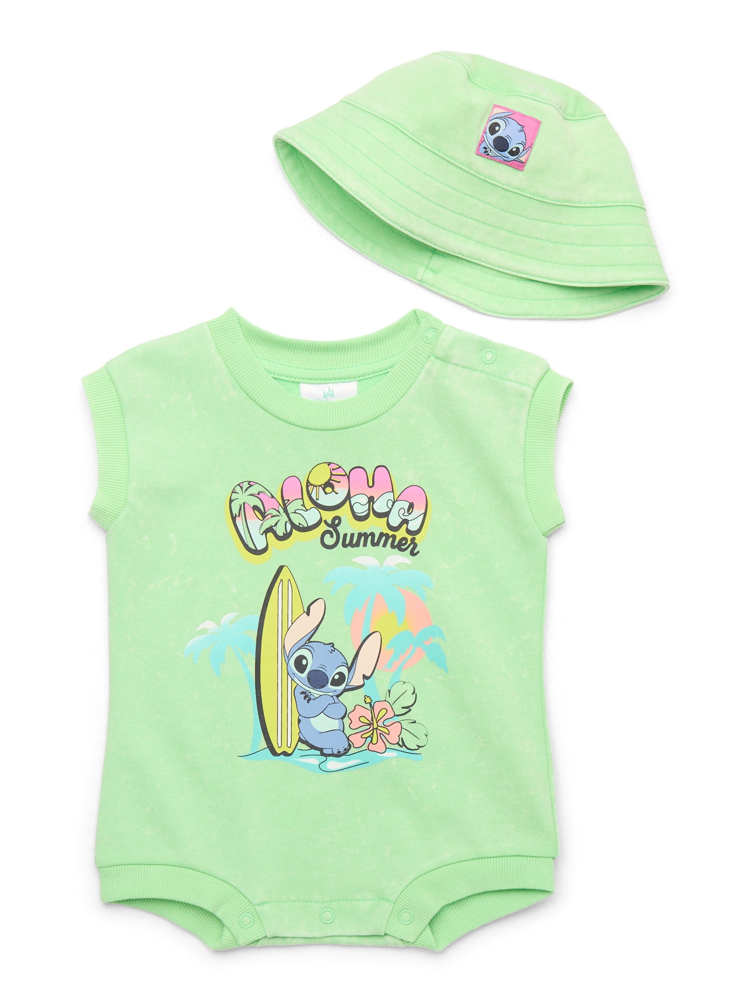 Disney Lilo & Stitch Baby Girls Sleeveless Graphic Romper with Matching Bucket Hat, 2-Piece Set, Sizes 0-3 Months- 24 Months