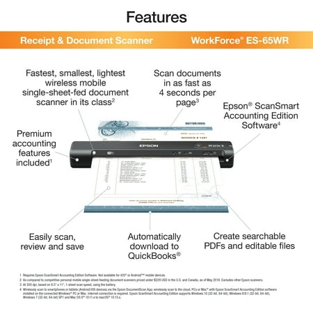 Epson - ES-65WR Wireless Mobile Color Document Receipt Scanner - Black