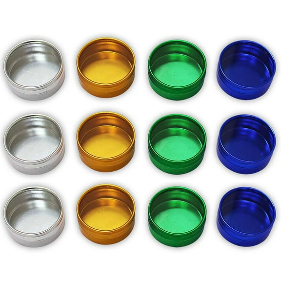 HAWK 12 Piece Colorful Aluminum Gem Jars | Clear Glass Lids | Size 2" x 1" (5.1 cm x 2.5 cm) Vibrant Assortment | Ideal for Gemstones & Crafts