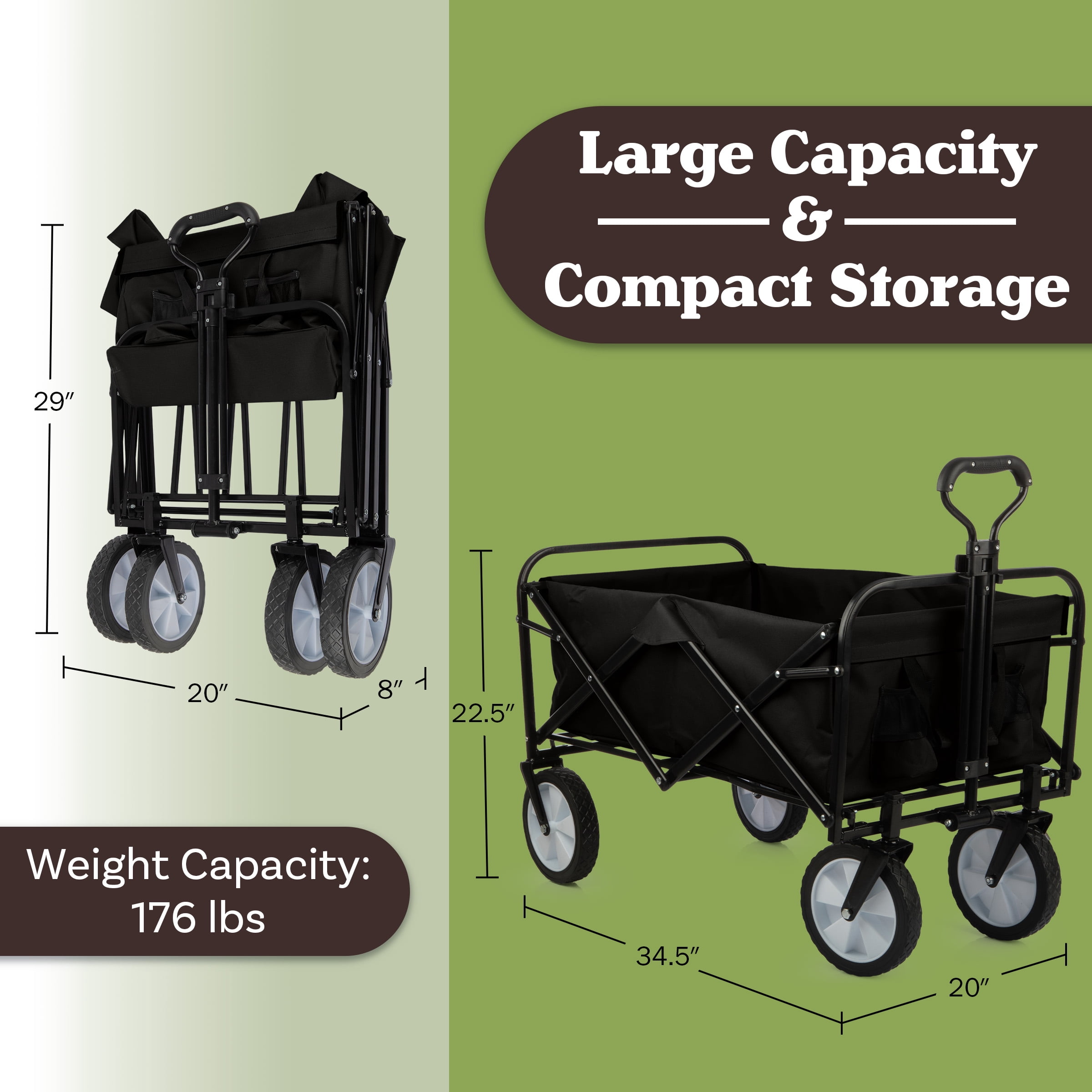 Wakeman Outdoors Collapsible Portable Wagon on Wheels - Grocery, Beach, or Garden Cart, Black