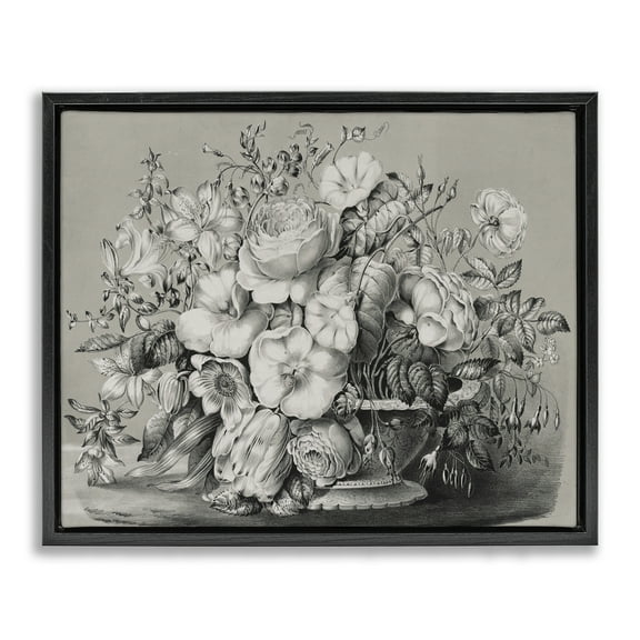 Stupell Industries Vintage Assorted Flowers Still Life Floral Drawing Black Floater Framed Canvas Art Print Wall Art, 17 x 21