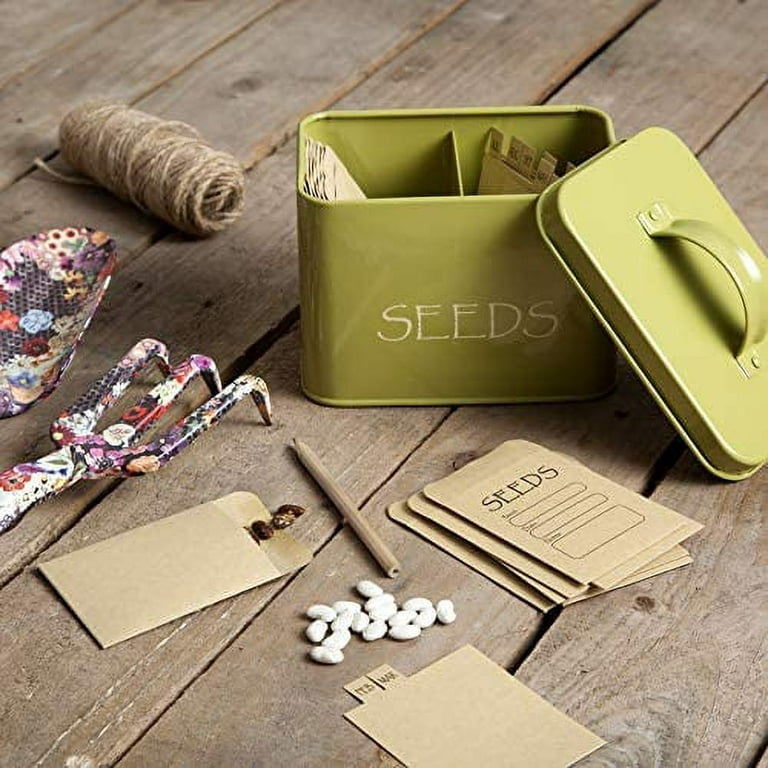 Katai Steel Seed Storage Box Organiser in Green. Compact Seed Packet  Container with Lid Complete with Monthly Dividers, 20 Envelopes and Pencil