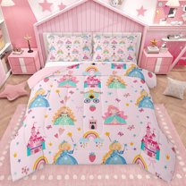Manfei Cute Magical Princess Bedding Comforter Set,Fairy Tale Girly Theme Twin Comforter Sets,Cartoon Castle Rainbow Bedding Set For Kids,Ultra Soft Home Decor Reversible,2-Piece