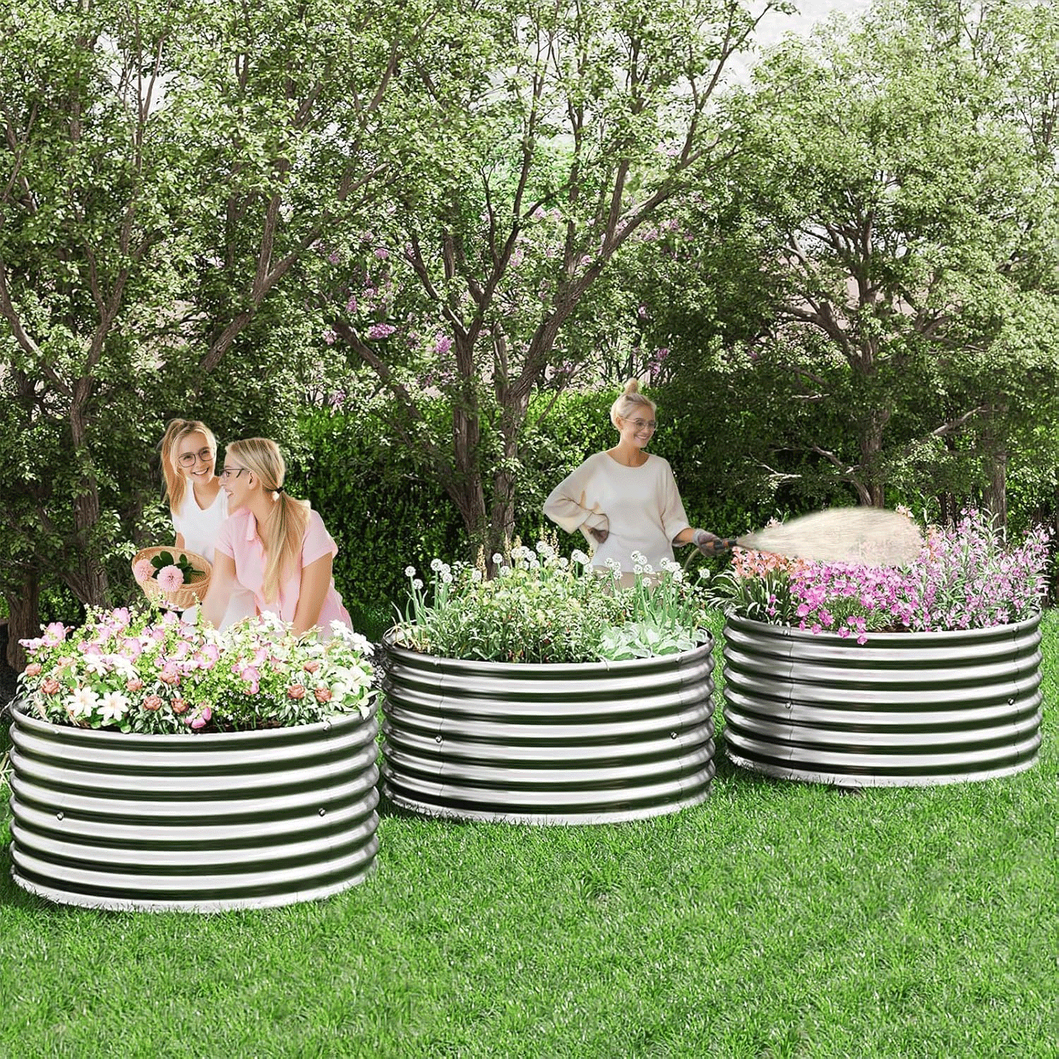 CATMANOR 4 Pack 3FT Length Round Galvanized Raised Garden Bed Outdoor,Metal Garden Bed for Vegetables,Steel Raised Beds for Gardening,Above Ground Garden Box for Flower