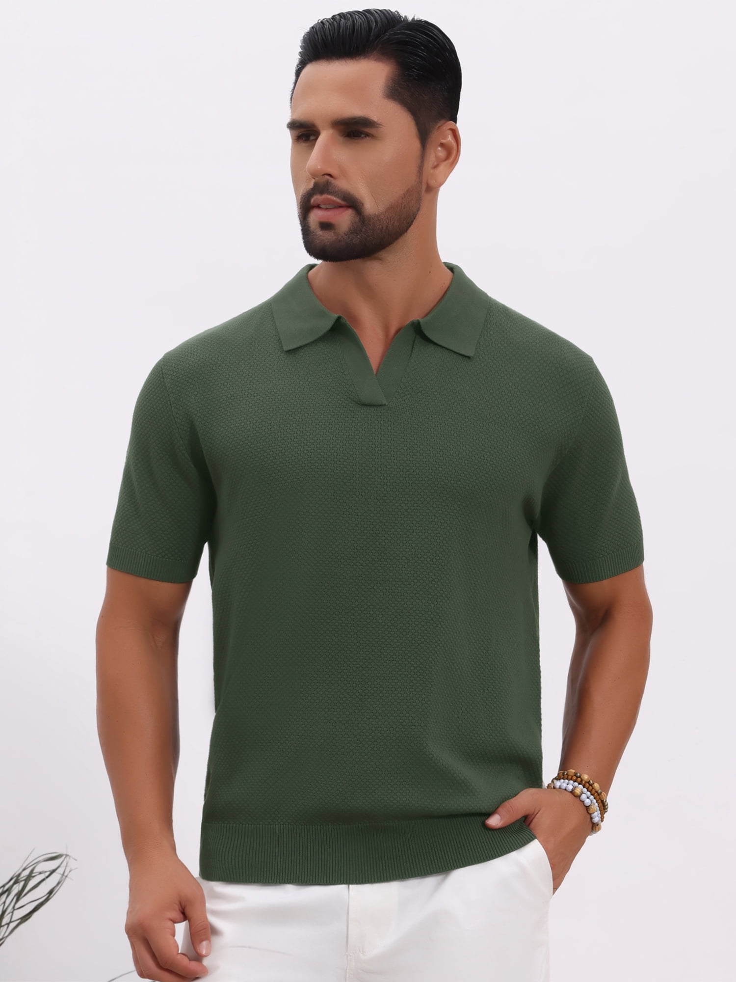 DARING DIVA Men's Textured Knit V Neck Short Sleeve Casual Golf Polo Shirt 2XL Olive Green