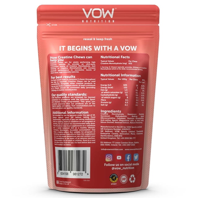 VOW Nutrition Creatine Monohydrate Chews, Strawberry, 100 Count