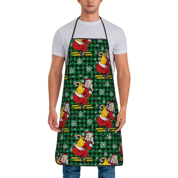 Fuzoiu Vintage Santa Skiing Green Plaid Print Waterproof Apron, Kitchen Apron for Women Men Chef, Apron for Christmas Dinner Party Cooking Baking Crafting House Cleaning Kitchen