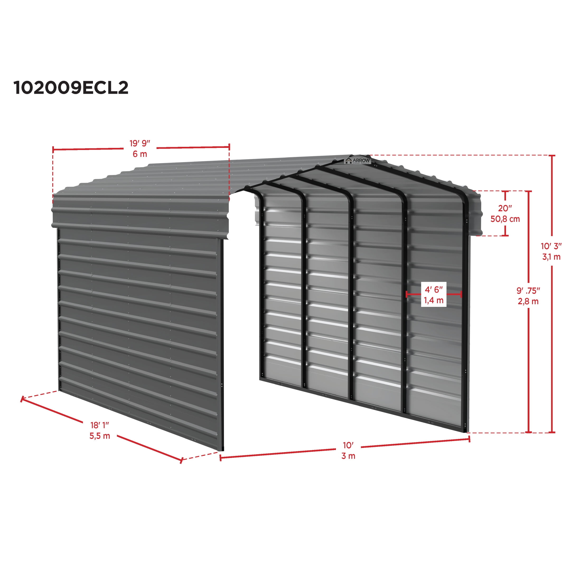 Arrow 10 x 20 x 9 ft Charcoal Steel Carport With 2 Side Wall Kit