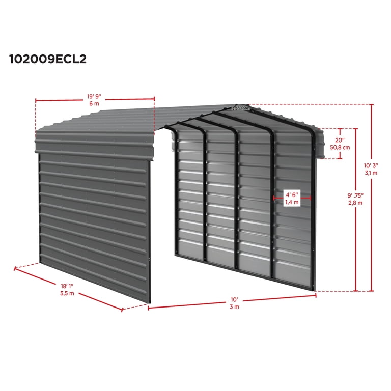 Arrow 10 x 20 x 9 ft Eggshell Steel Carport With 2 Side Wall Kit