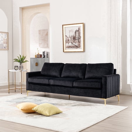 Muumblus 85" Velvet Couch, 3 Seater Sofa, Mid Century Modern Tufted Couches for Living Room, Black