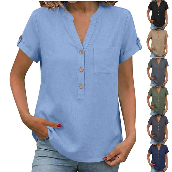 jobturf Henley Shirts for Women Business Casual V Neck Pocket Tee Summer Basic Work Blouses Plain Short Sleeve Tops Teacher Outfits S-XXL