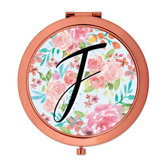 Koyal Wholesale Compact Mirror Bridesmaid's Wedding Gift, Rose Gold, Monogram Letter F, Tea Party Pink Floral Flowers