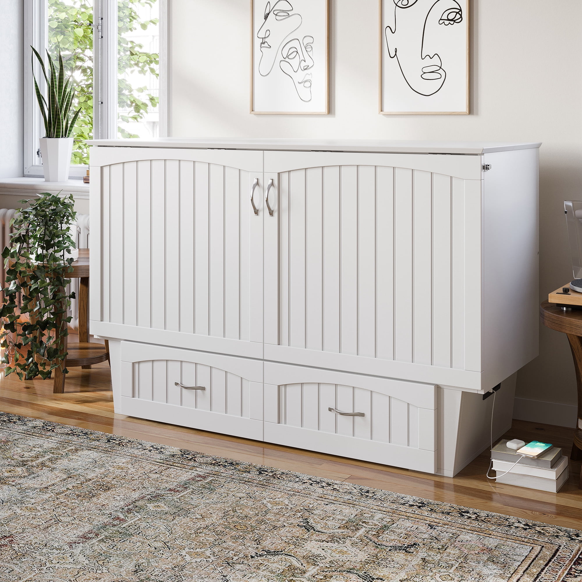 AFI Sydney Queen Murphy Bed Chest with 6" Mattress, Storage, & Built-in Charger, White