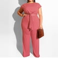 thumbnail image 2 of REORIAFEE Women 2 Piece Sets Outfits Matching Sets Lounge Set Summer Vacation Going out Outfits Women's Plus Size Short Sleeve O Neck Bandage Pullover Tops + Long Pants Set Pink L, 2 of 8