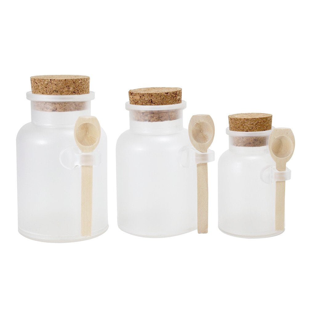 Frosted Apothecary Plastic Jar Set with Cork Cap and Wood Spoon (Set of