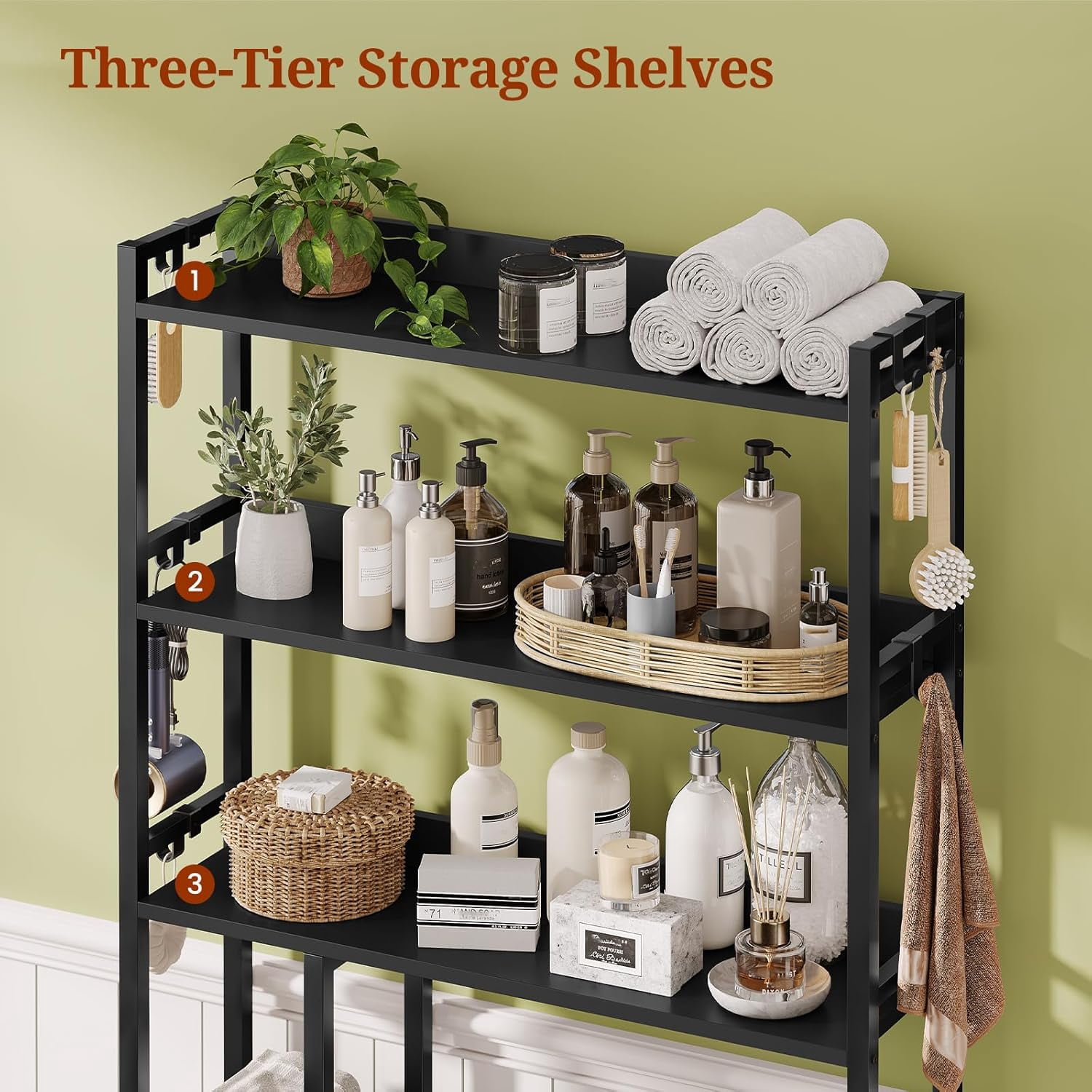 Weiplehoom Over the Toilet Storage Cabinet with Wheeled Drawer Trolley & 3-tier Open Shelves, Bathroom Organizer with 6 Hooks, Storage Rack for Restroom, Bathroom, Laundry, Plant Stand, Black