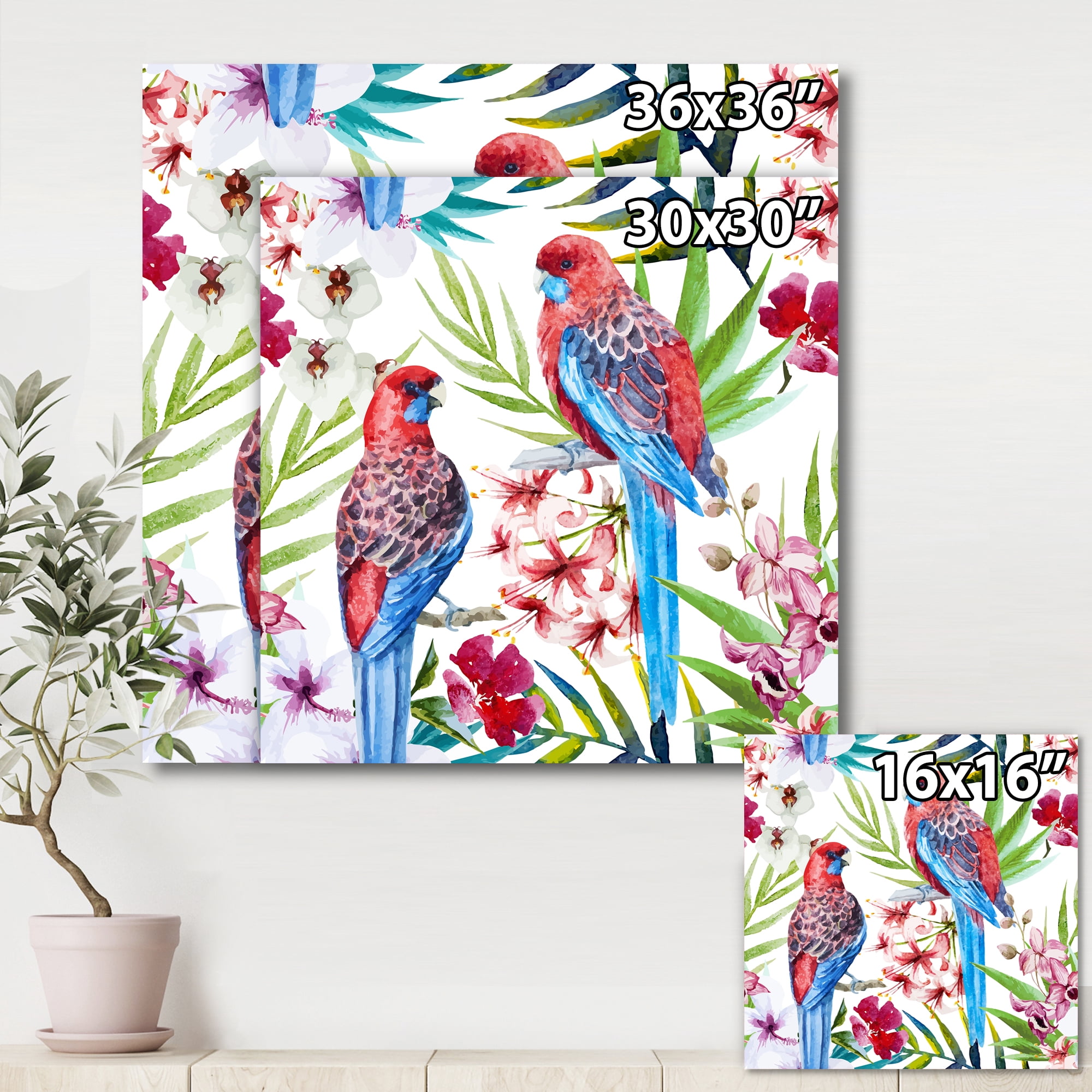 Designart ' Rosella Birds Sitting On Flowers Tree Branch ' Traditional Canvas Wall Art Print
