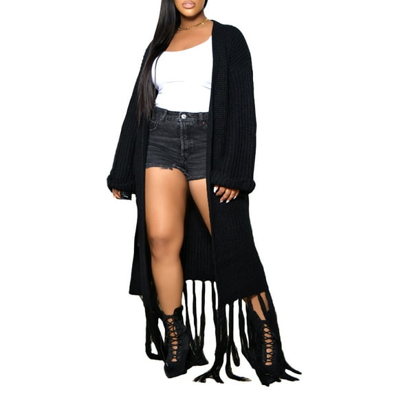 Seyurigaoka Women Solid Color Cardigan Open Front Long Sleeve Tassel Hem Long Sweater Coat Winter Knitted Outerwear with Belt