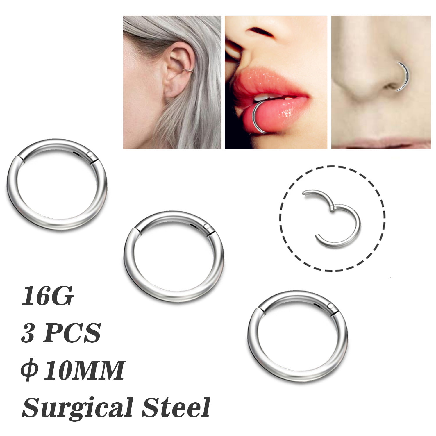 FORYOU FASHION Surgical Steel 16G Multi-Functional Lip/Nose/Nipple/Eyebrown Captive Hoop Ring Barbell Tragus Cartilage Stud Earrings 6mm 