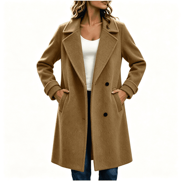 Womens Trench Coat Notched Lapel Fall Winter Long Sleeve Casual Thicken Wool Blend Single Breasted Pea Coat Brown XL
