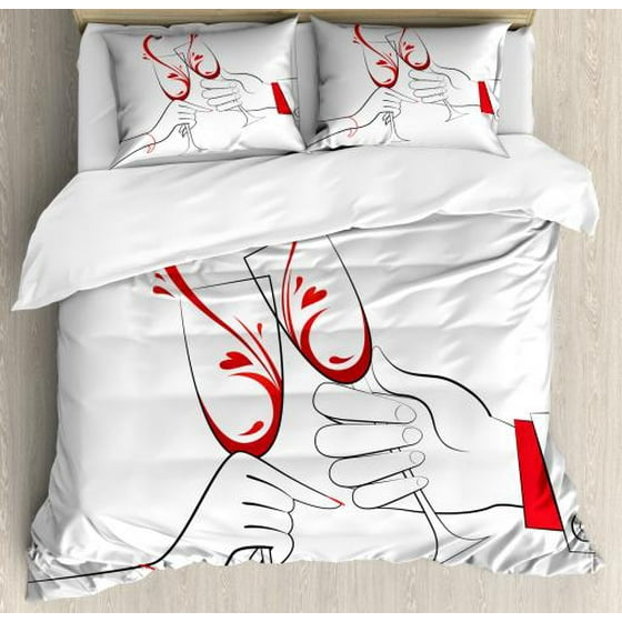 Engagement Party King Size Duvet Cover Set Couple Clinking Flute Glass Of Wine Forming Heart Shape Splash Decorative 3 Piece Bedding With 2