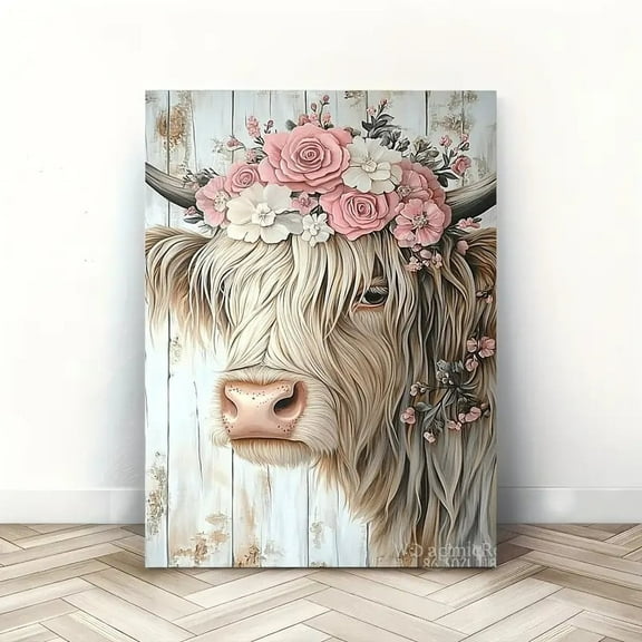 Room Decor 1pc Rustic Wooden Framed Highland Cow Canvas Art Print, Floral Crown Wall Decor, Woven Bachelor Party Home & Office Decoration, Unique Christmas Gift Idea,
