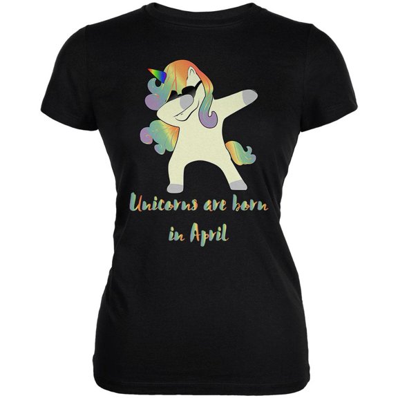 April Birthday Dabbing Unicorn Sunglasses Juniors Soft T Shirt Black X-LG