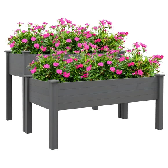 Outsunny 2 Tiers Raised Garden Bed, Wooden Elevated Planter Box, Grey