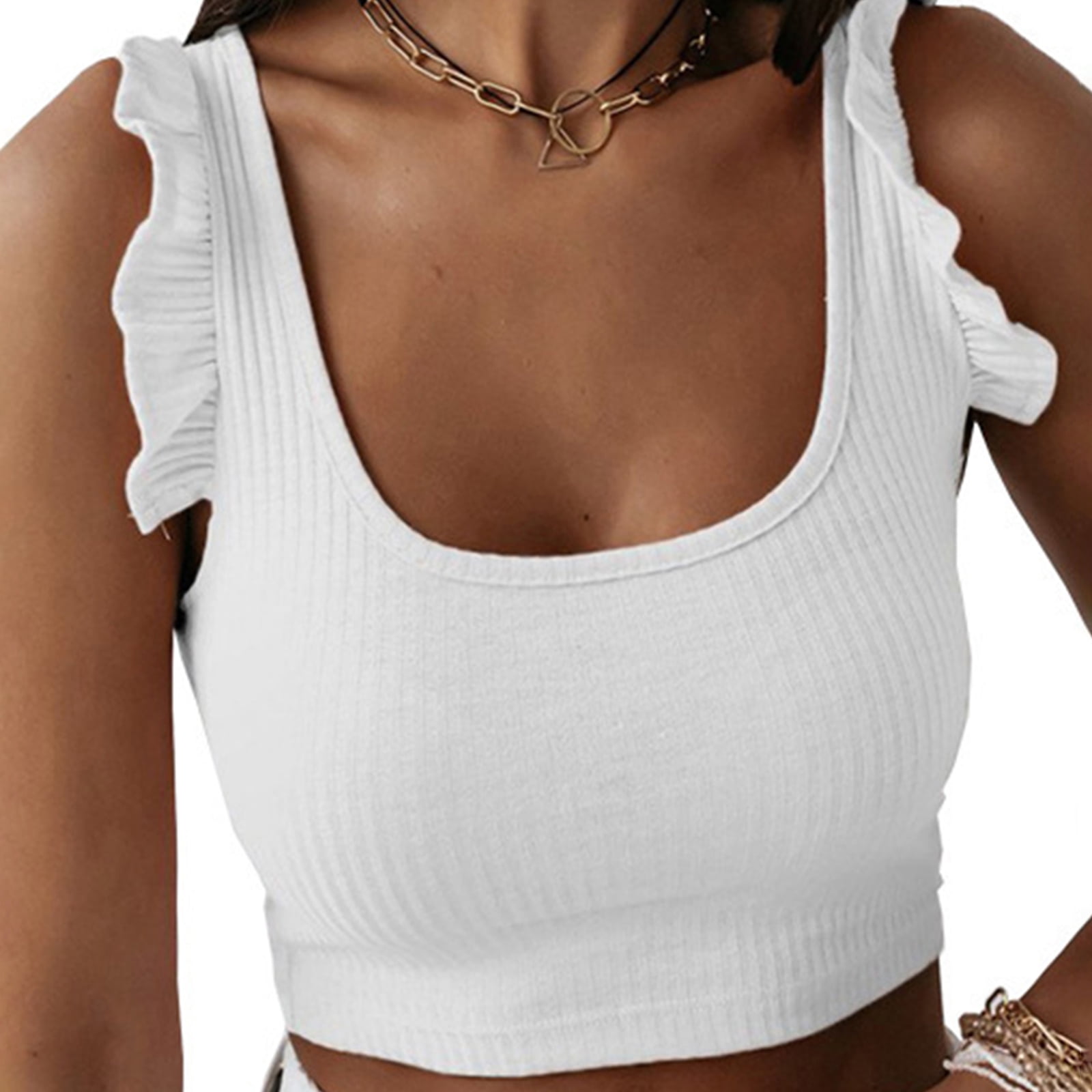 Womens Cute Sleeveless Tank Tops Ruffle Strap Square Neck Blouse Solid Color Knitted Camisole