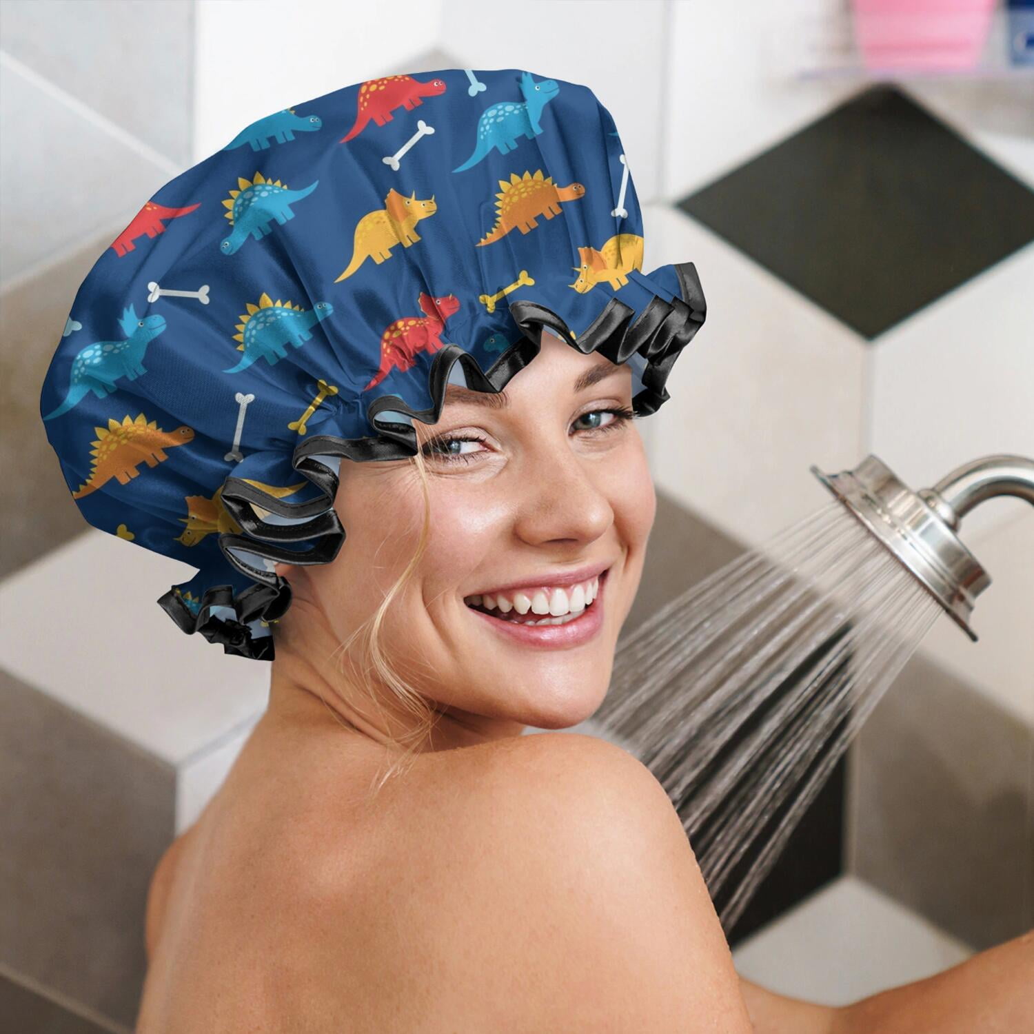 Shower Caps,DarkBlue Cartoon Dinosaurs Bones Pattern Waterproof Shower Cap for Women 4 Pieces,Double Reusable Hair Cover for Shower PEVA Elastic Stretch Hem