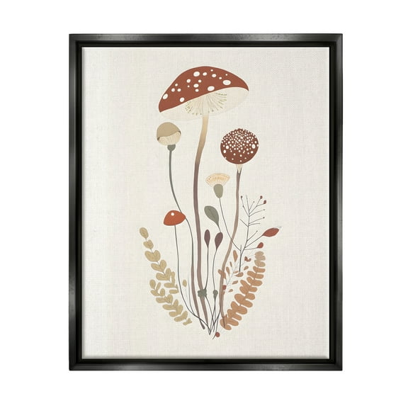 Stupell Industries Mushrooms & Fern Sprigs Botanical & Floral Painting Black Floater Framed Canvas Art Print Wall Art, 17 x 21
