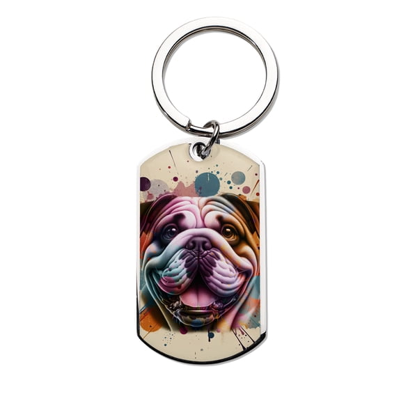 Bulldog Portrait Watercolor Vintage Retro Styles Stainless Steel Keychain Dog Lover Gifts Idea Collar Charm Tag Keyring - 00001