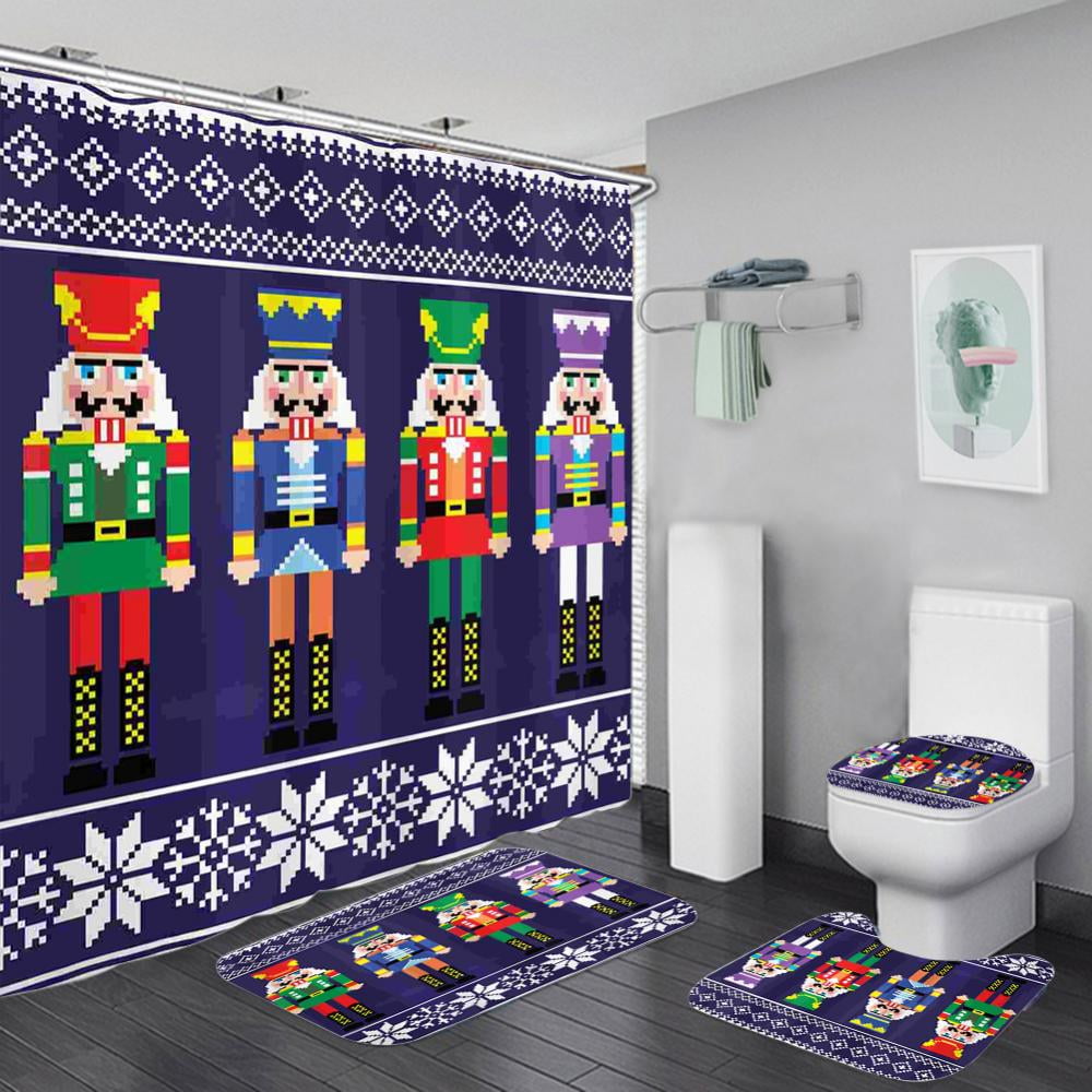 4 Pcs Christmas Nutcracker Soldier Shower Curtain Set with Rugs, Toilet