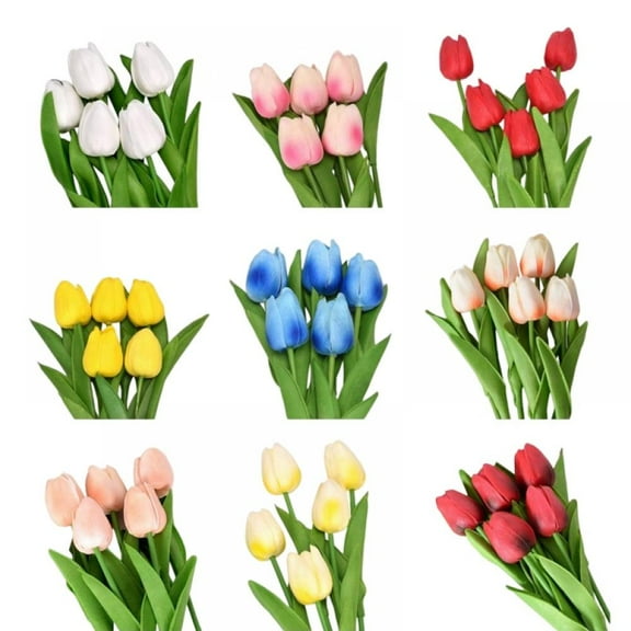 5 Heads Artificial Tulips Flowers Real Touch Arrangement Bouquet for Home Room Office Party Wedding Decoration, Excellent Gift Idea for Mothers Day