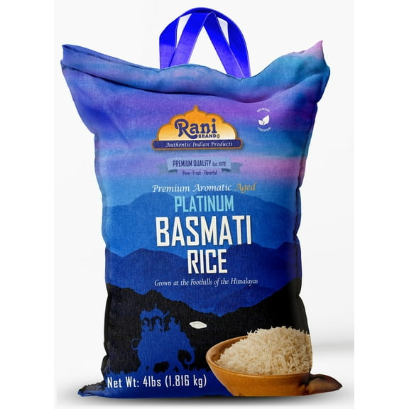Rani Platinum White Basmati Rice Extra Long Aged 4-Pound Bag, 4lbs (1.81kg) ~ All Natural | Vegan |  Kosher | Gluten Friendly | Indian Origin