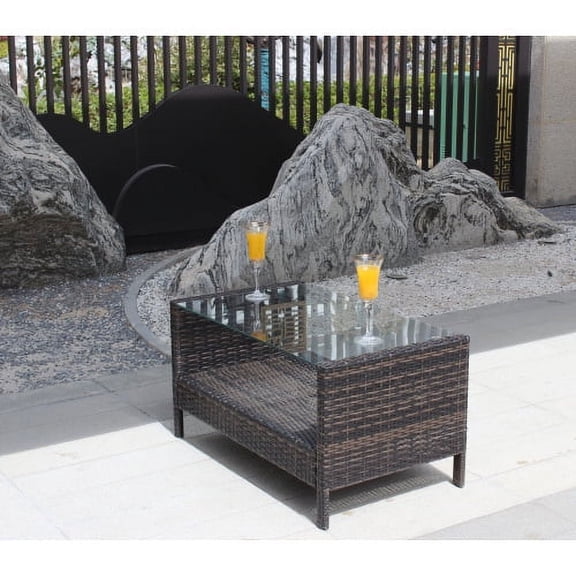 Olurrisa Outdoor Coffee Table with Clear Tempered Glass - All-Weather PE Rattan & Steel Frame, 34.6" Brown Wicker Patio Table, 120lb Capacity for Garden, Poolside
