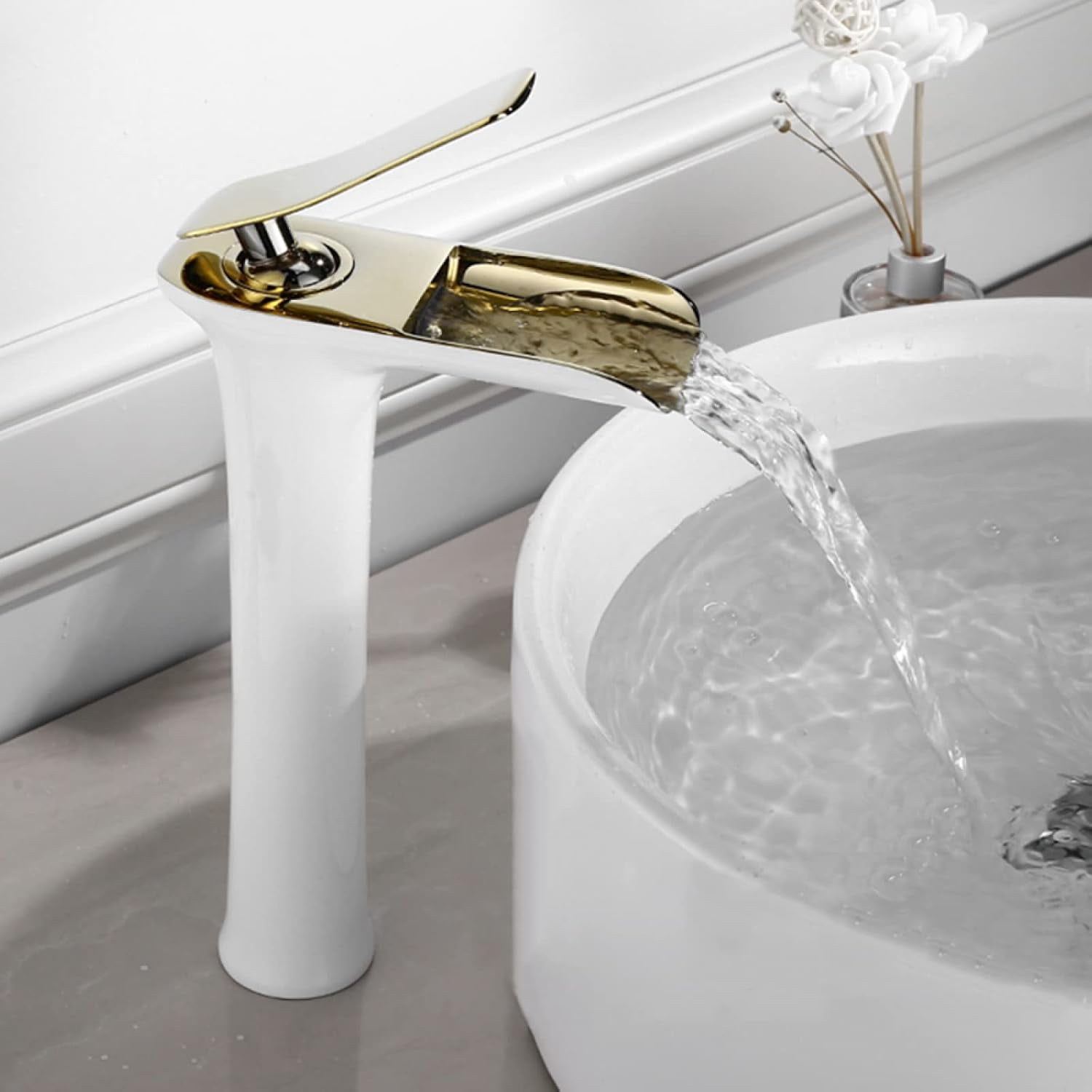 Bathroom Faucet Waterfall, Hot and Cold Sink Mixer Tap Faucet, Solid Brass, Waterfall Single Handle Bathroom Sink Faucet Tall, White Gold